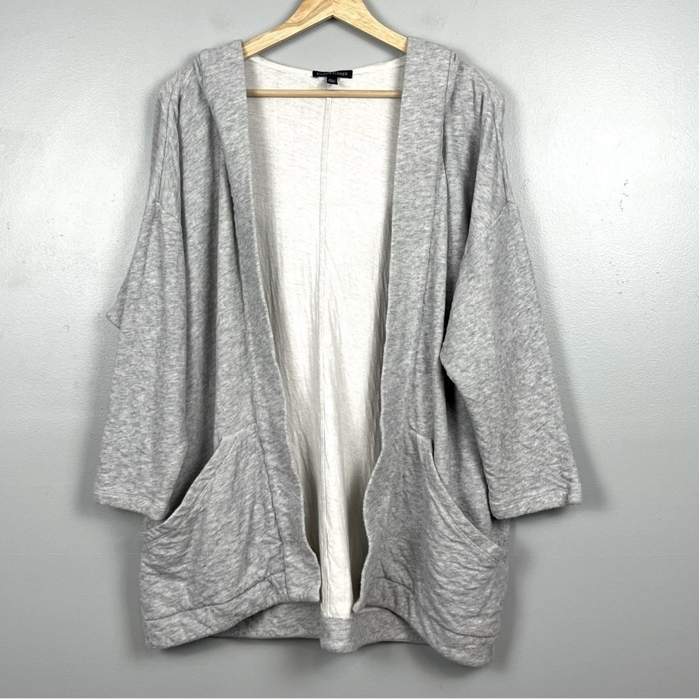 Eileen Fisher 100% organic cotton heather gray open front hooded jacket, small.